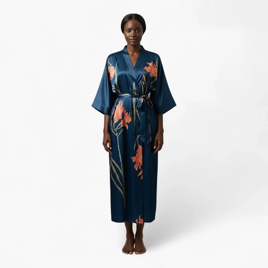 Peignoir Satin Bleu Femme Fleuri — photo 2