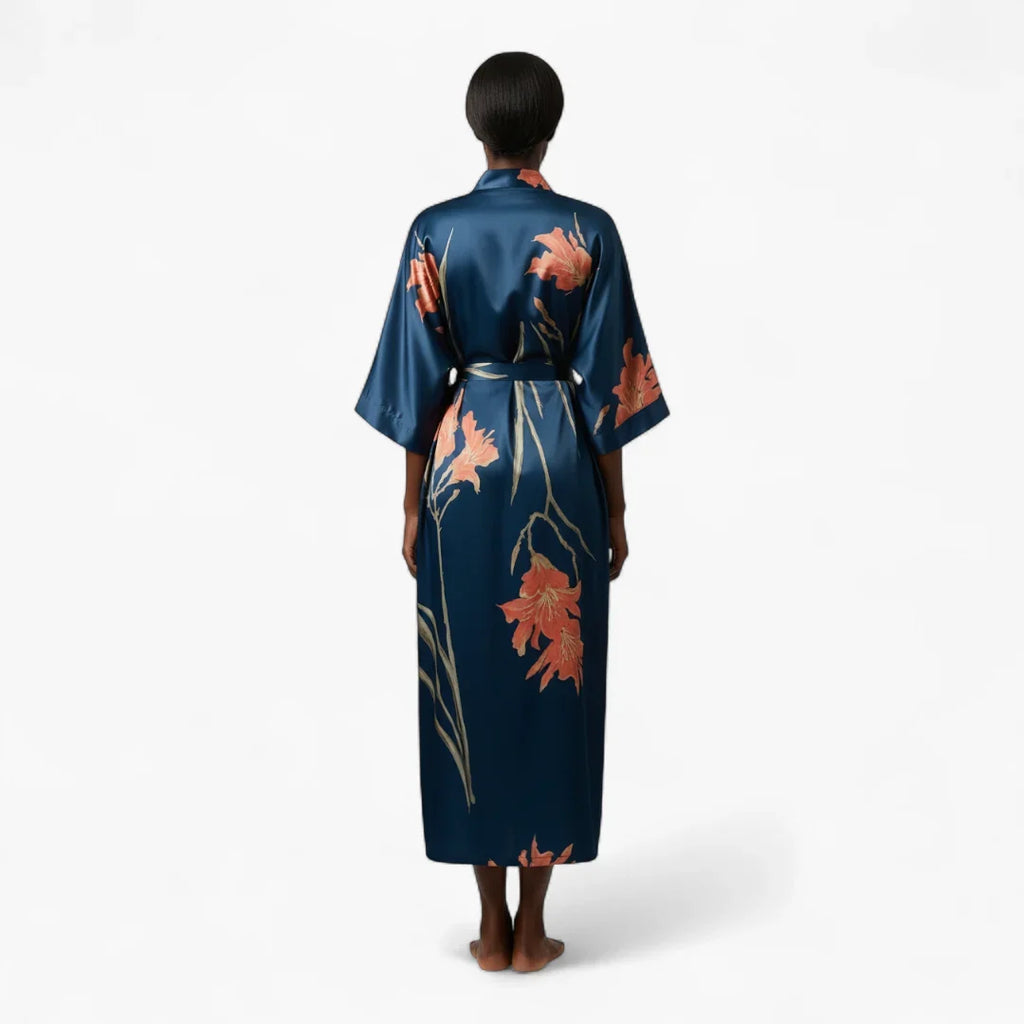 Peignoir Satin Bleu Femme Fleuri — photo 3