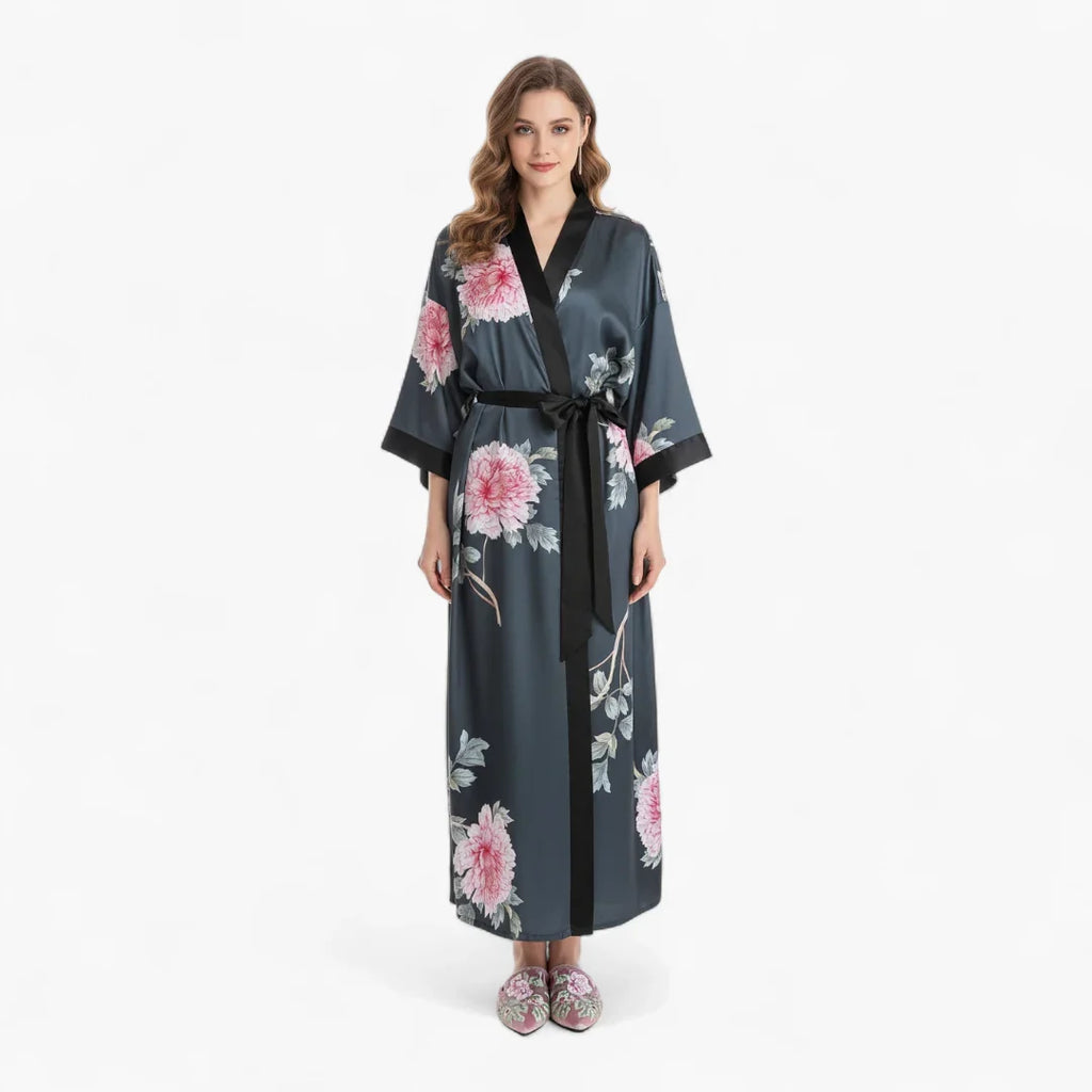 Peignoir Satin Gris Femme Fleuri — photo 2