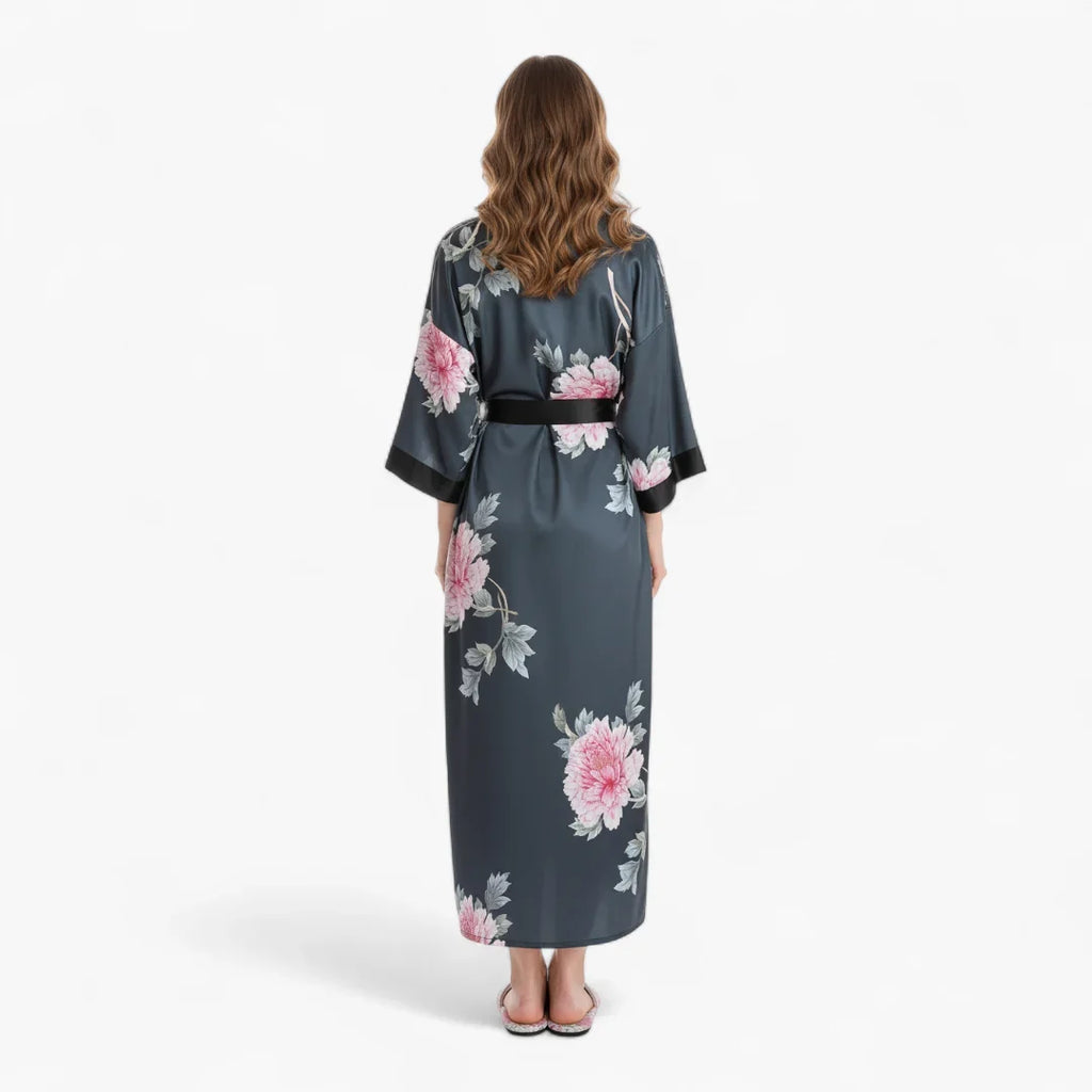 Peignoir Satin Gris Femme Fleuri — photo 3