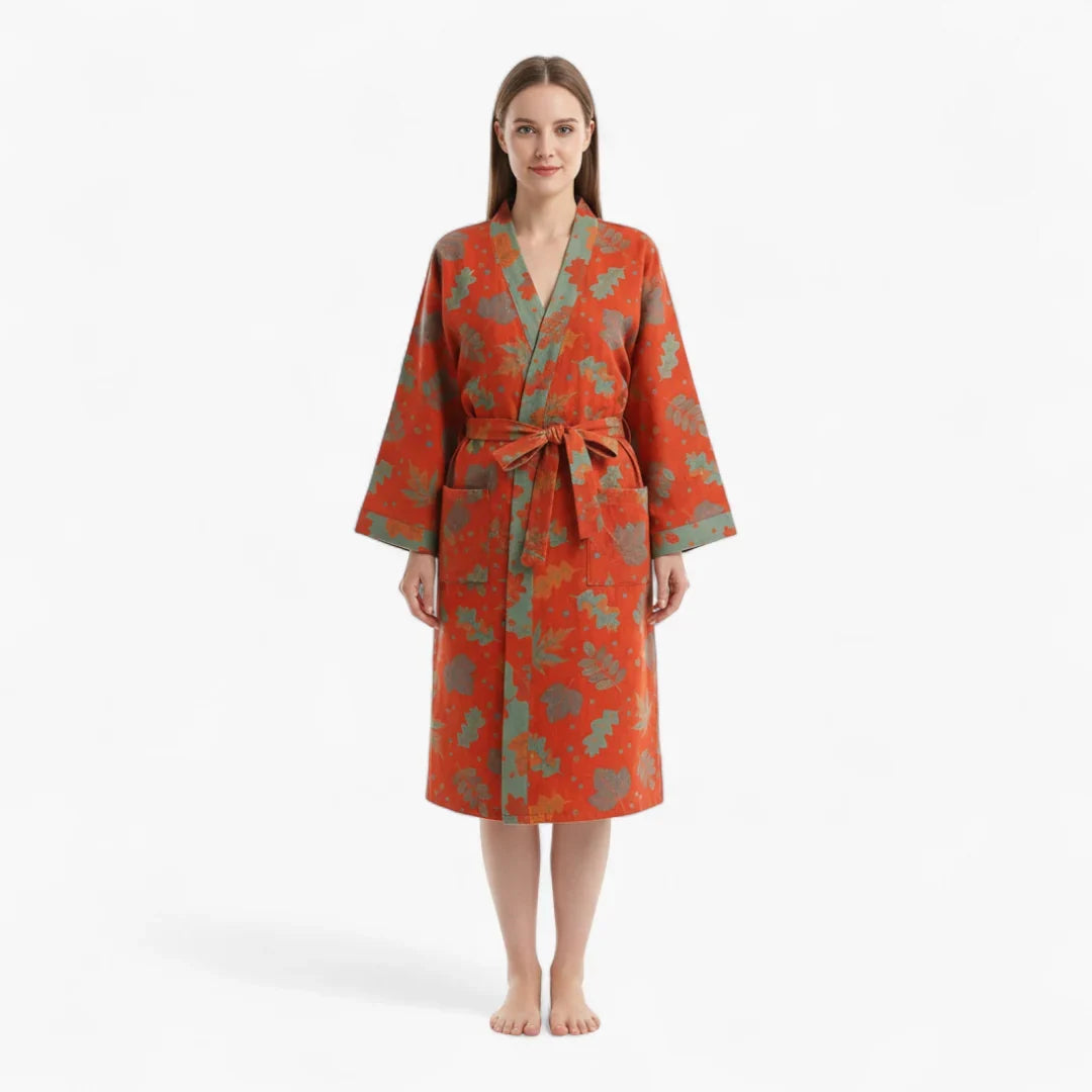 Peignoir Coton Femme Rouge Motif Feuillage — photo 2