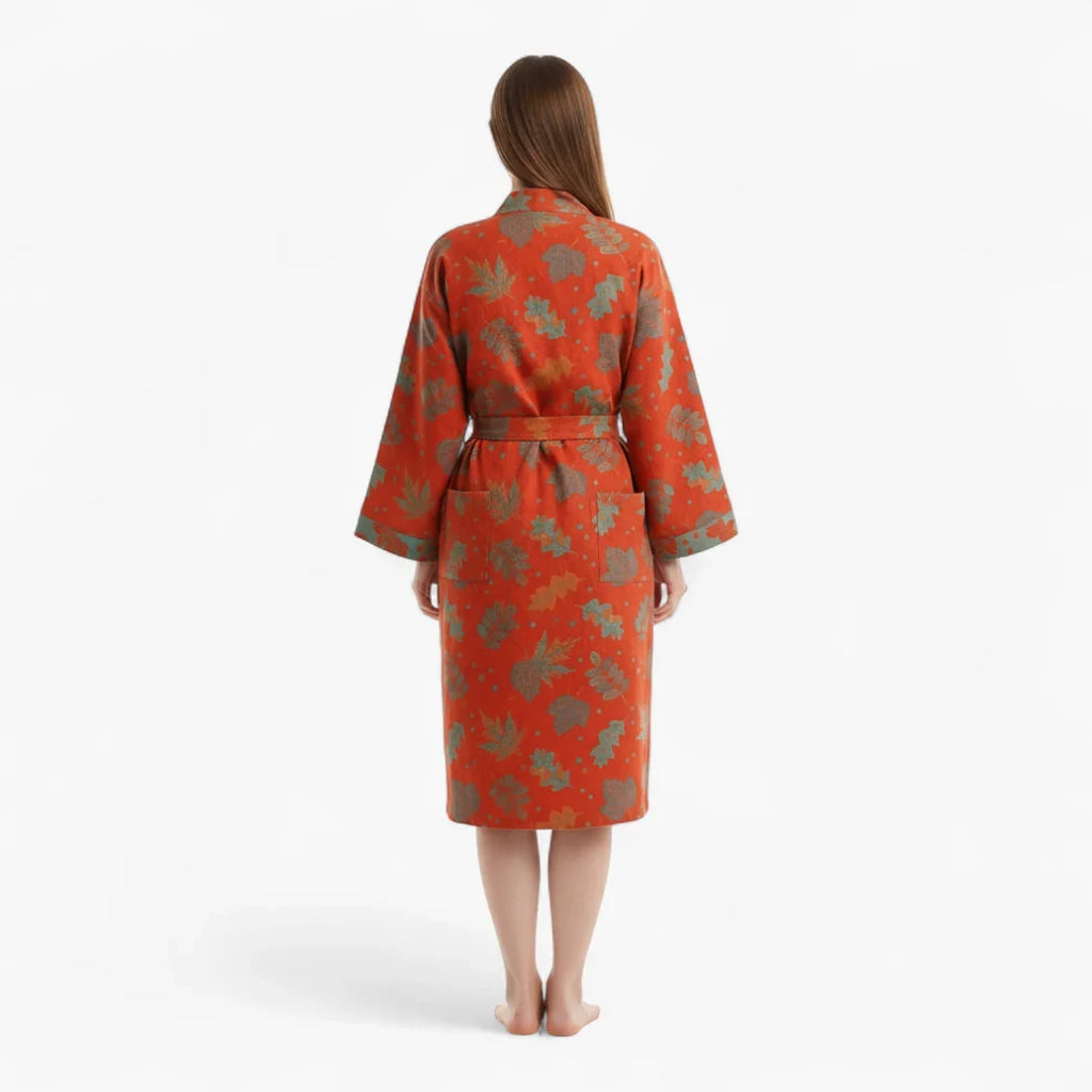 Peignoir Coton Femme Rouge Motif Feuillage — photo 3
