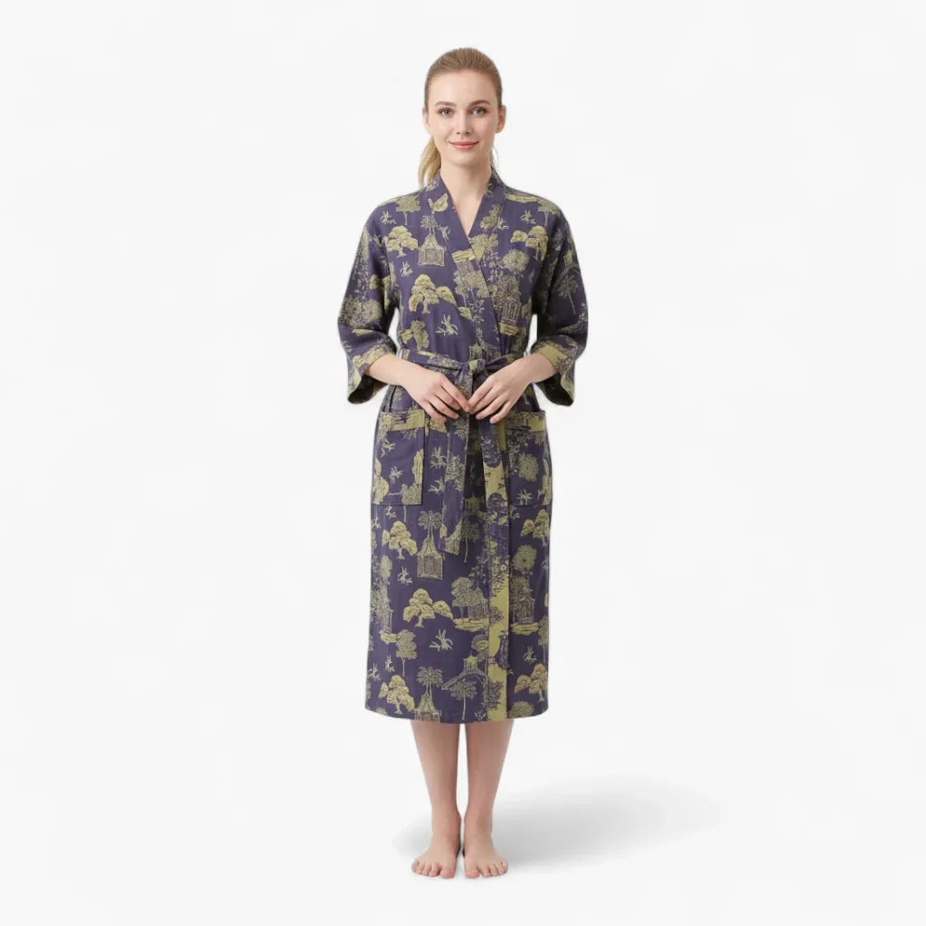 Peignoir Femme Coton – Style Japonais Violet à Motifs Verts — photo 2