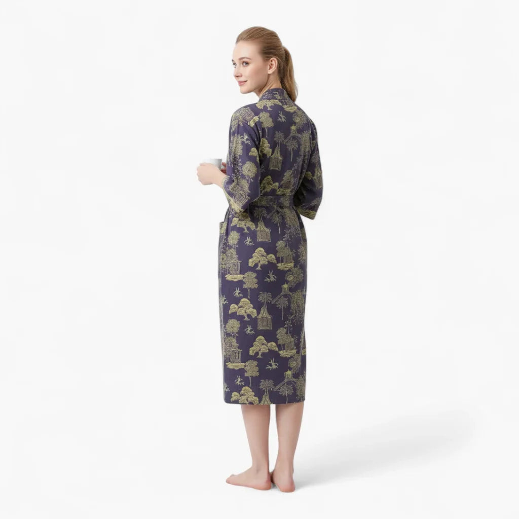 Peignoir Femme Coton – Style Japonais Violet à Motifs Verts — photo 3