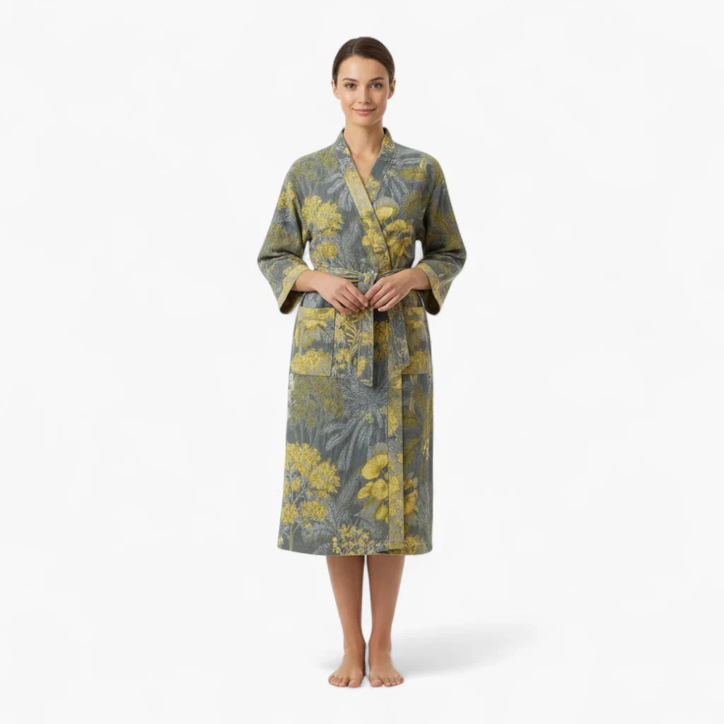 Peignoir Femme Coton – Style Japonais Gris à Motifs Floraux Jaunes — photo 2