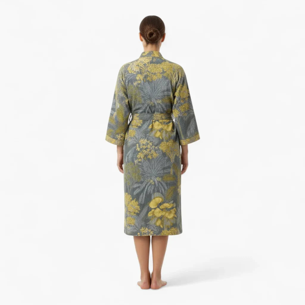 Peignoir Femme Coton – Style Japonais Gris à Motifs Floraux Jaunes — photo 3