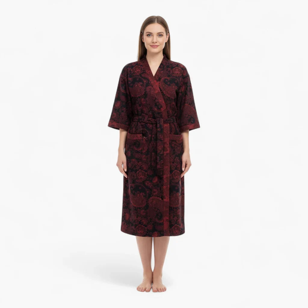 Peignoir Femme Coton – Style Japonais Noir à Motifs Rouges Paisley — photo 2