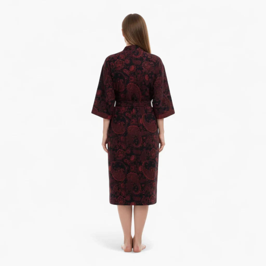 Peignoir Femme Coton – Style Japonais Noir à Motifs Rouges Paisley — photo 3