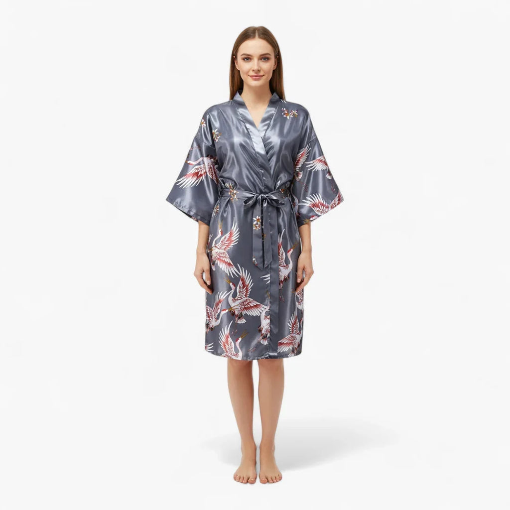 Peignoir Femme Satin – Motif Grues Japonaises Argenté — photo 2