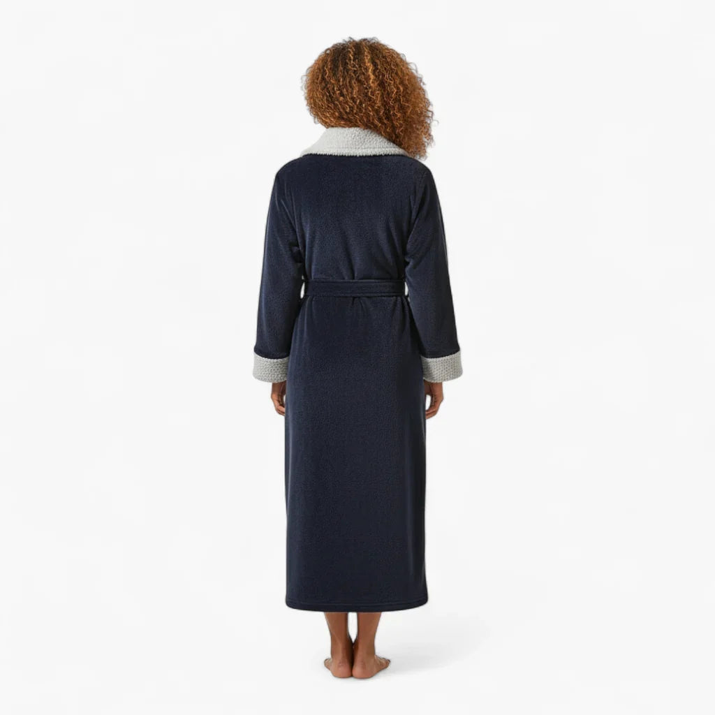 Peignoir Femme Hiver – En Flanelle Long Bleu Marine à Revers Gris — photo 2