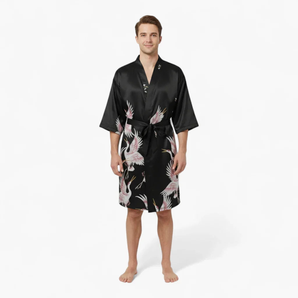 Peignoir Homme Japonais – En Satin Noir à Motifs Grues Blanches — photo 2