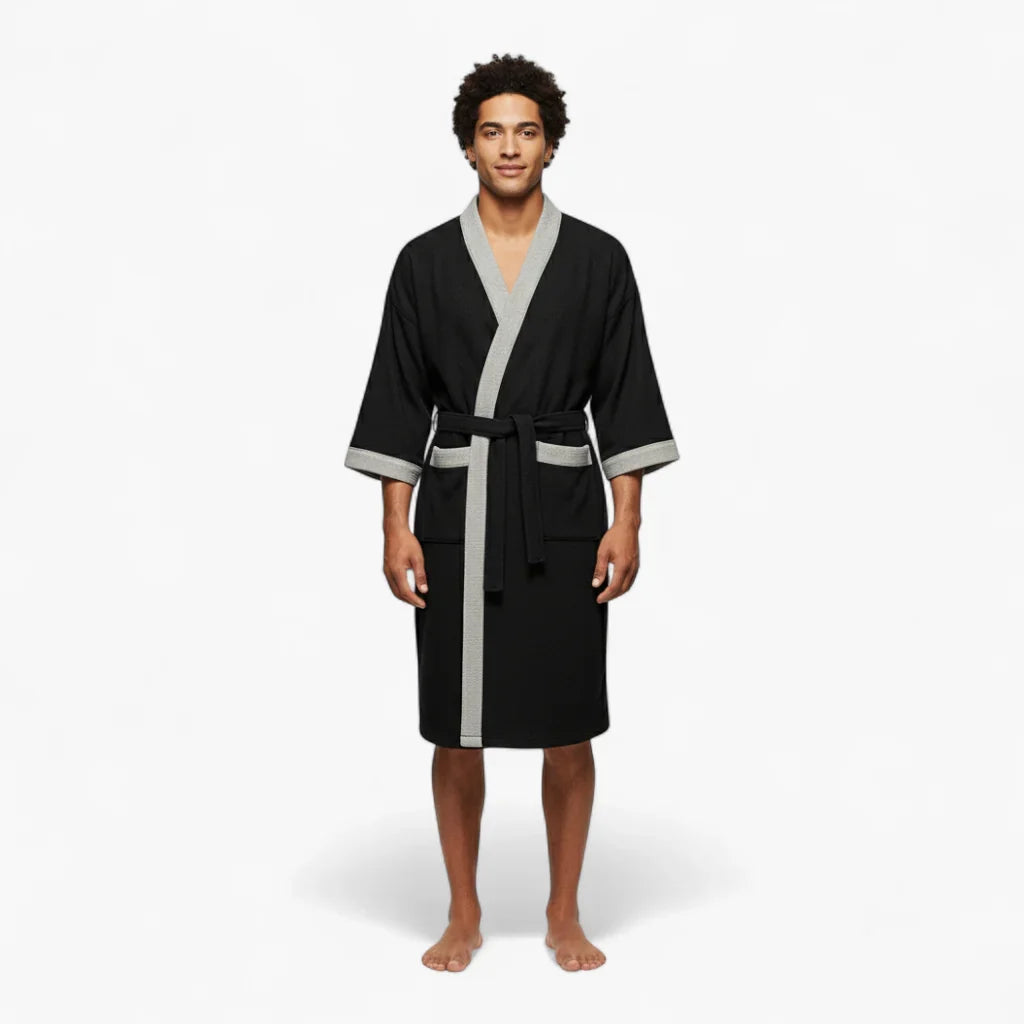 Peignoir Homme – Waffle Noir à Bordures Grises Courtes Manches — photo 2