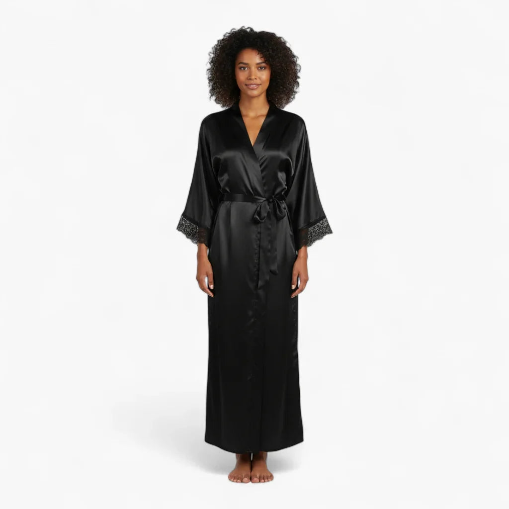 Peignoir Femme en Satin – Noir Long avec Dentelle — photo 2