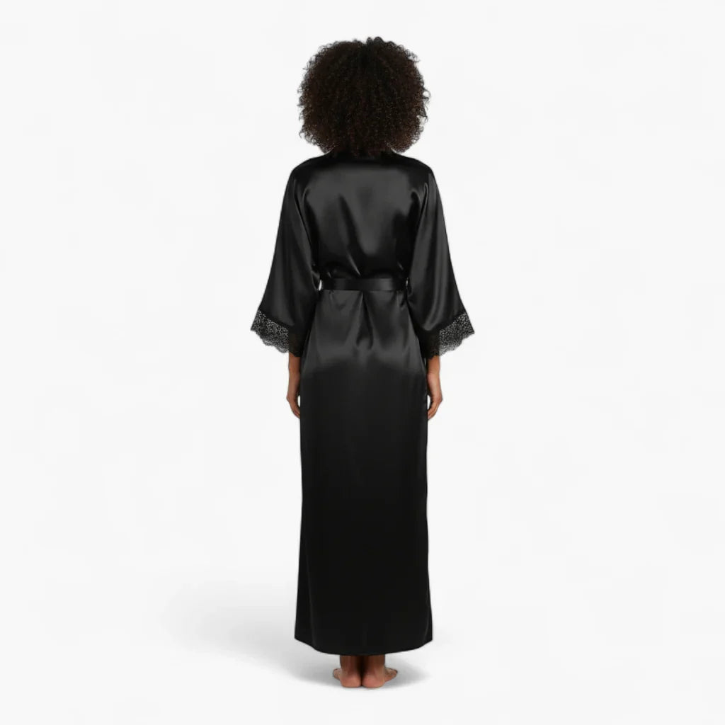 Peignoir Femme en Satin – Noir Long avec Dentelle — photo 3