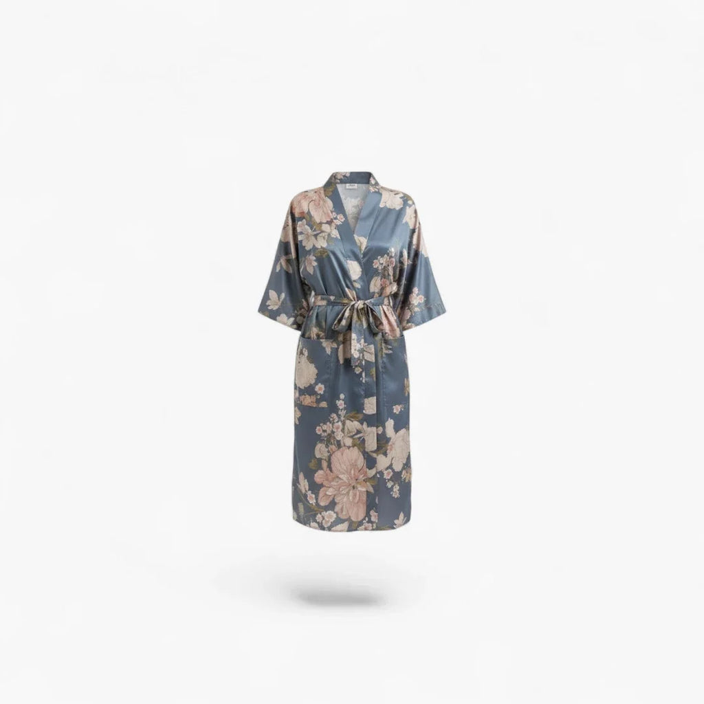 Kimono long bleu fleuri