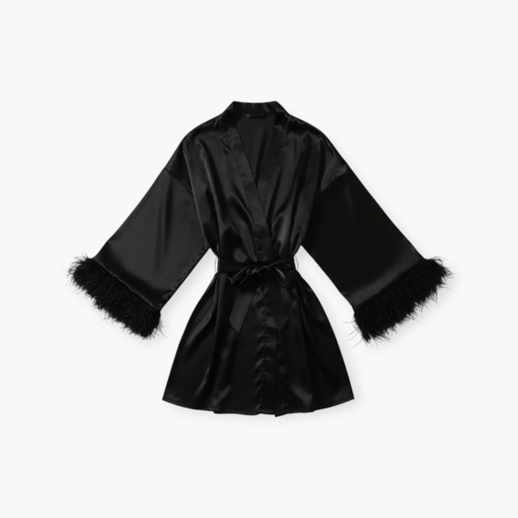 Peignoir Femme Satin – Noir à Manches Plumes Élégantes — photo 4