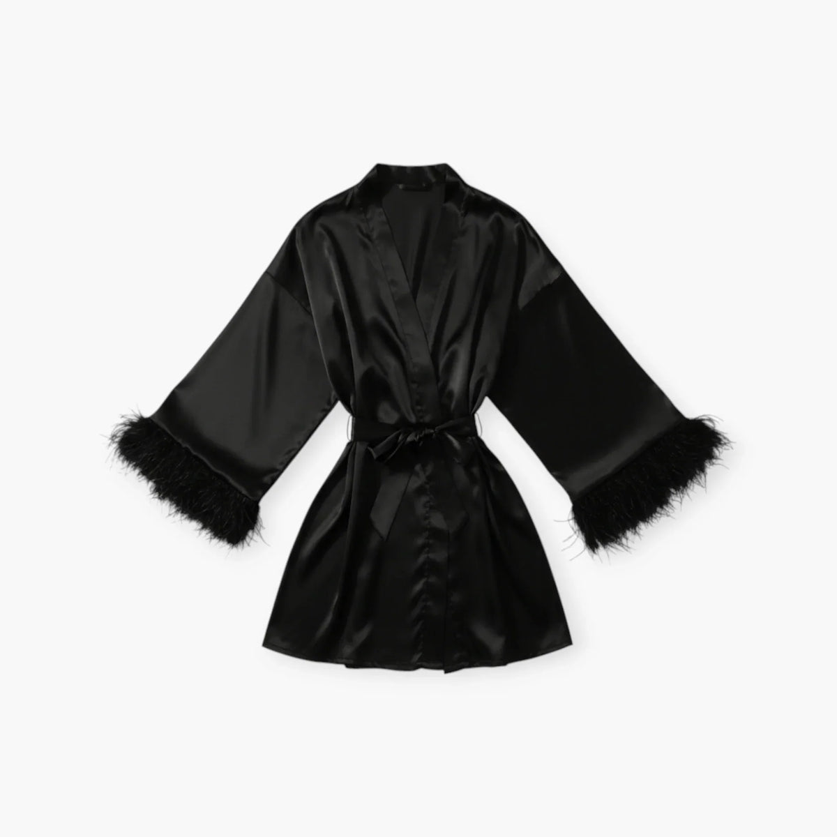 Peignoir Femme Satin – Noir à Manches Plumes Élégantes — photo 4