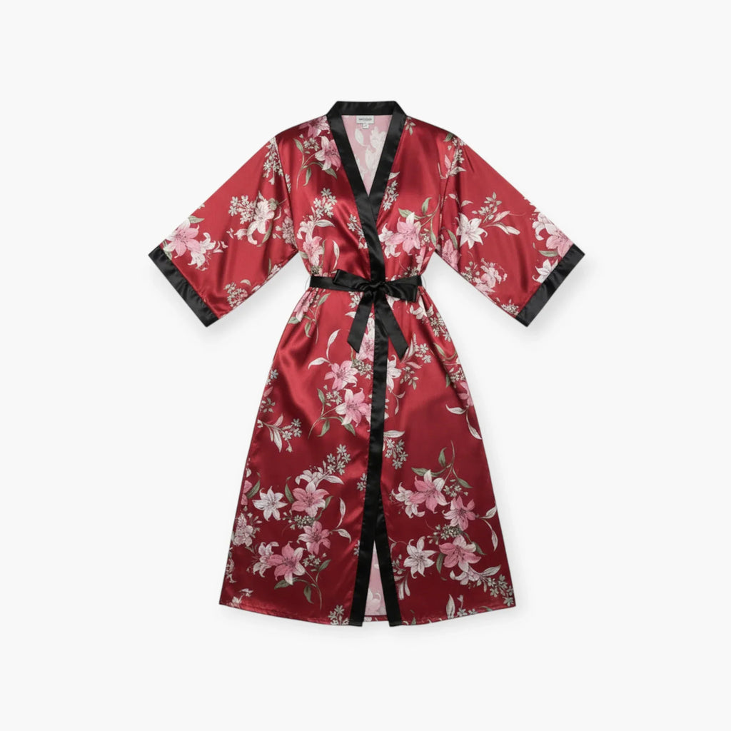 Peignoir Femme Satin – Long Grande Taille Motif Floral Bordeaux — photo 4