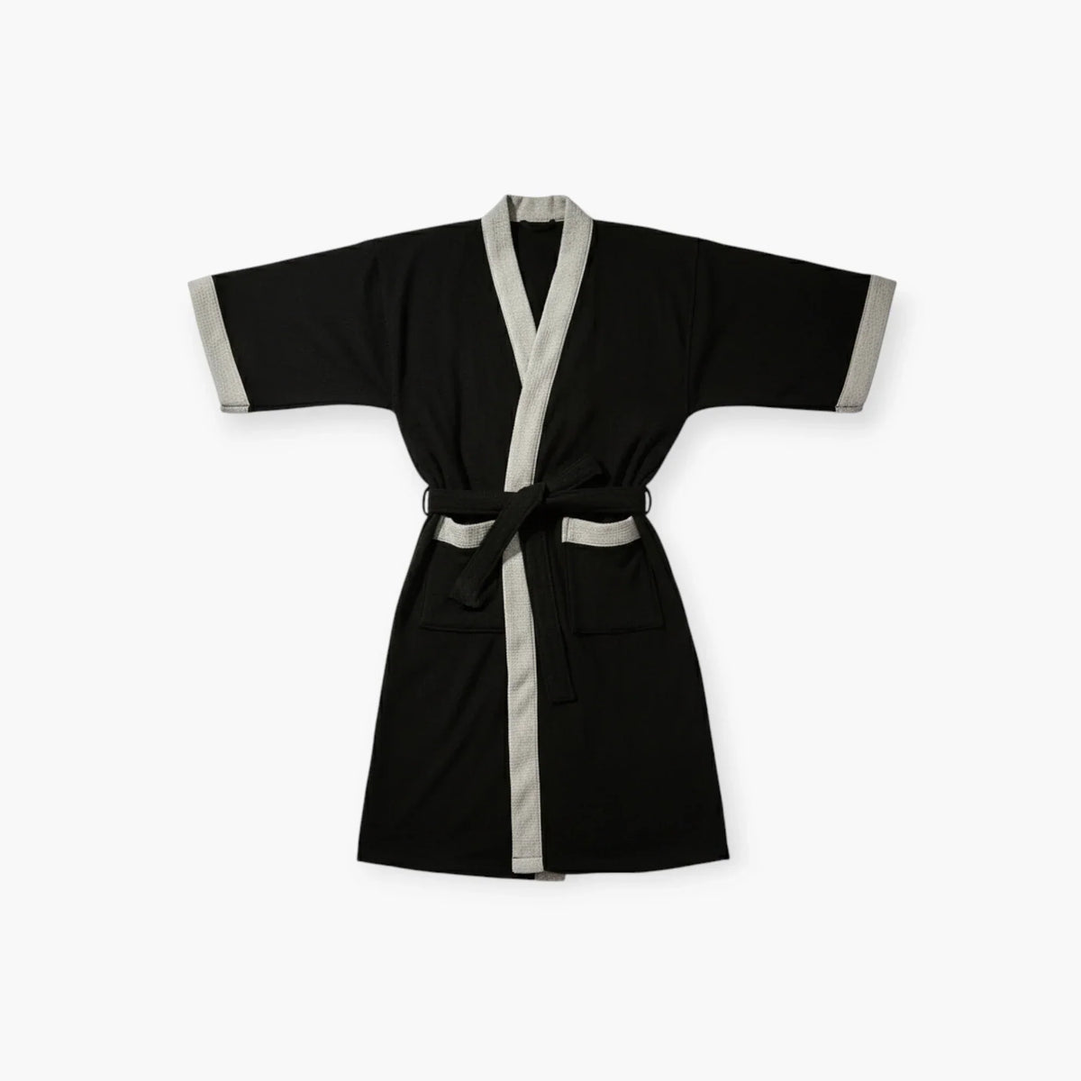 Peignoir Homme – Waffle Noir à Bordures Grises Courtes Manches — photo 4