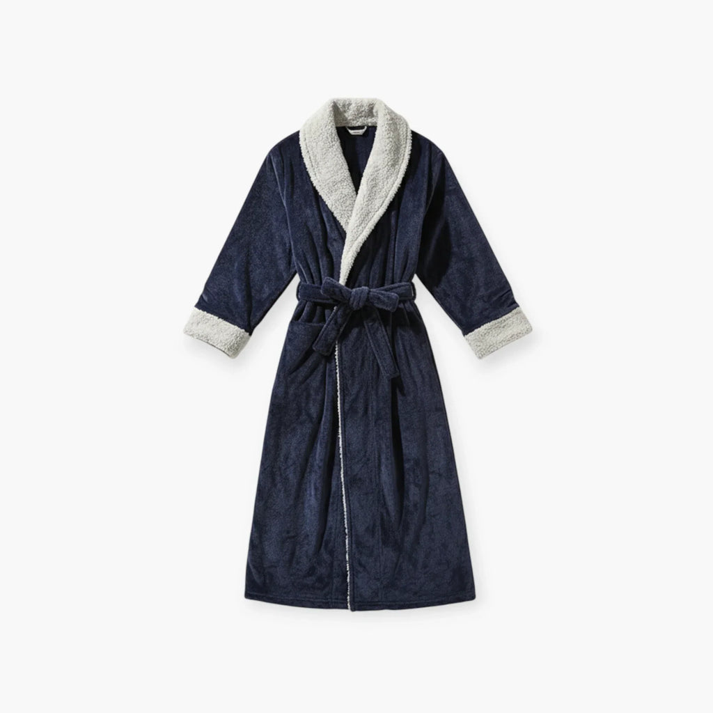 Peignoir Femme Hiver – En Flanelle Long Bleu Marine à Revers Gris — photo 4