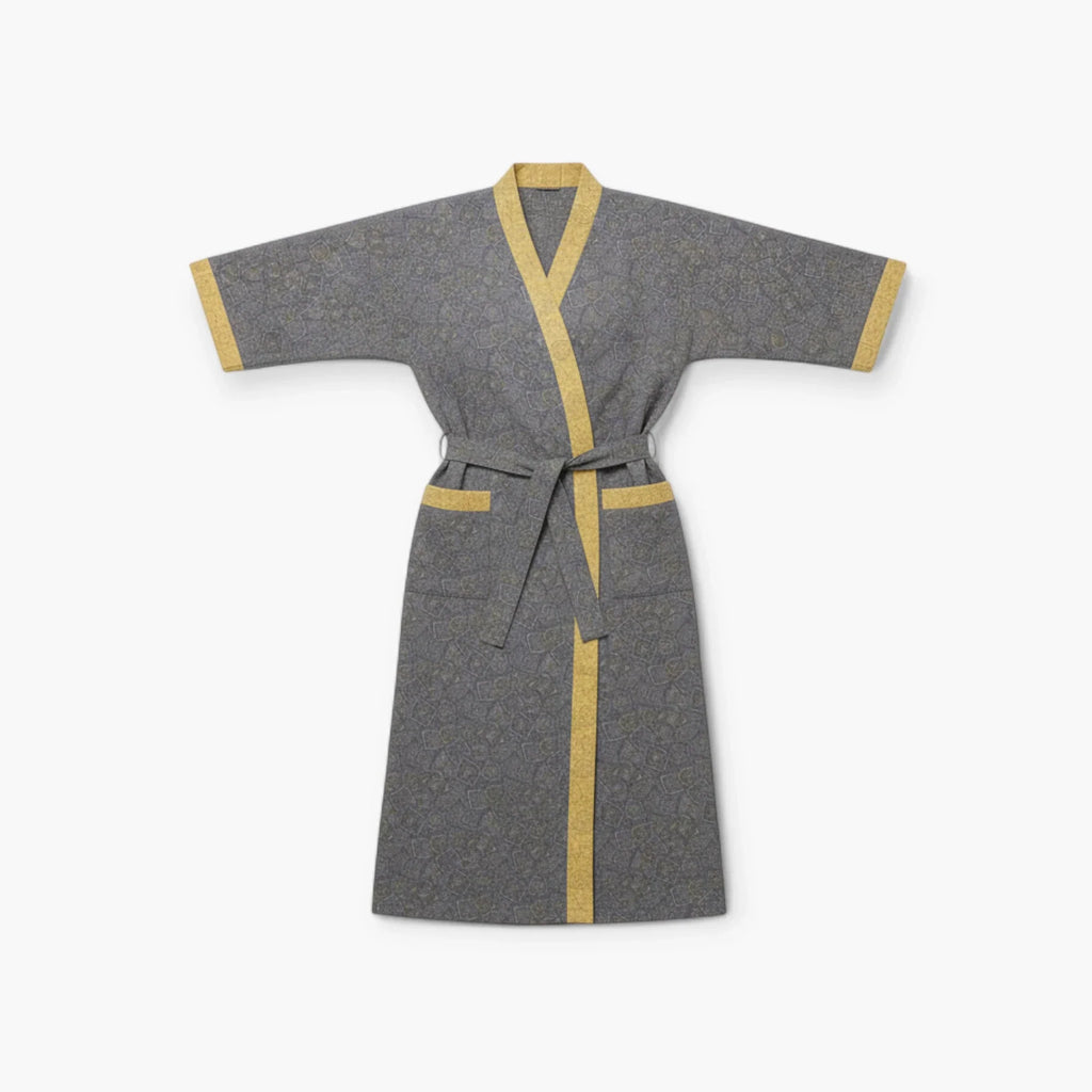 Peignoir Femme Coton – Style Japonais Gris à Bordures Vertes — photo 4