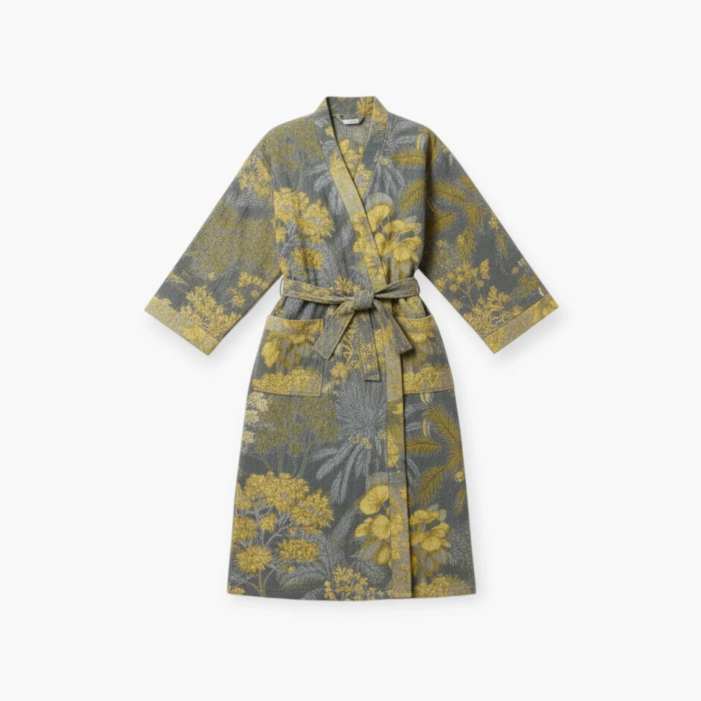 Peignoir Femme Coton – Style Japonais Gris à Motifs Floraux Jaunes — photo 4