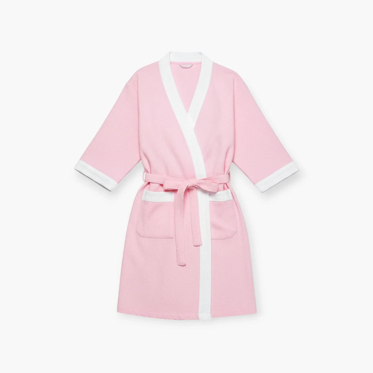 Peignoir Femme – Waffle Rose à Bordures Blanches Courtes Manches — photo 4