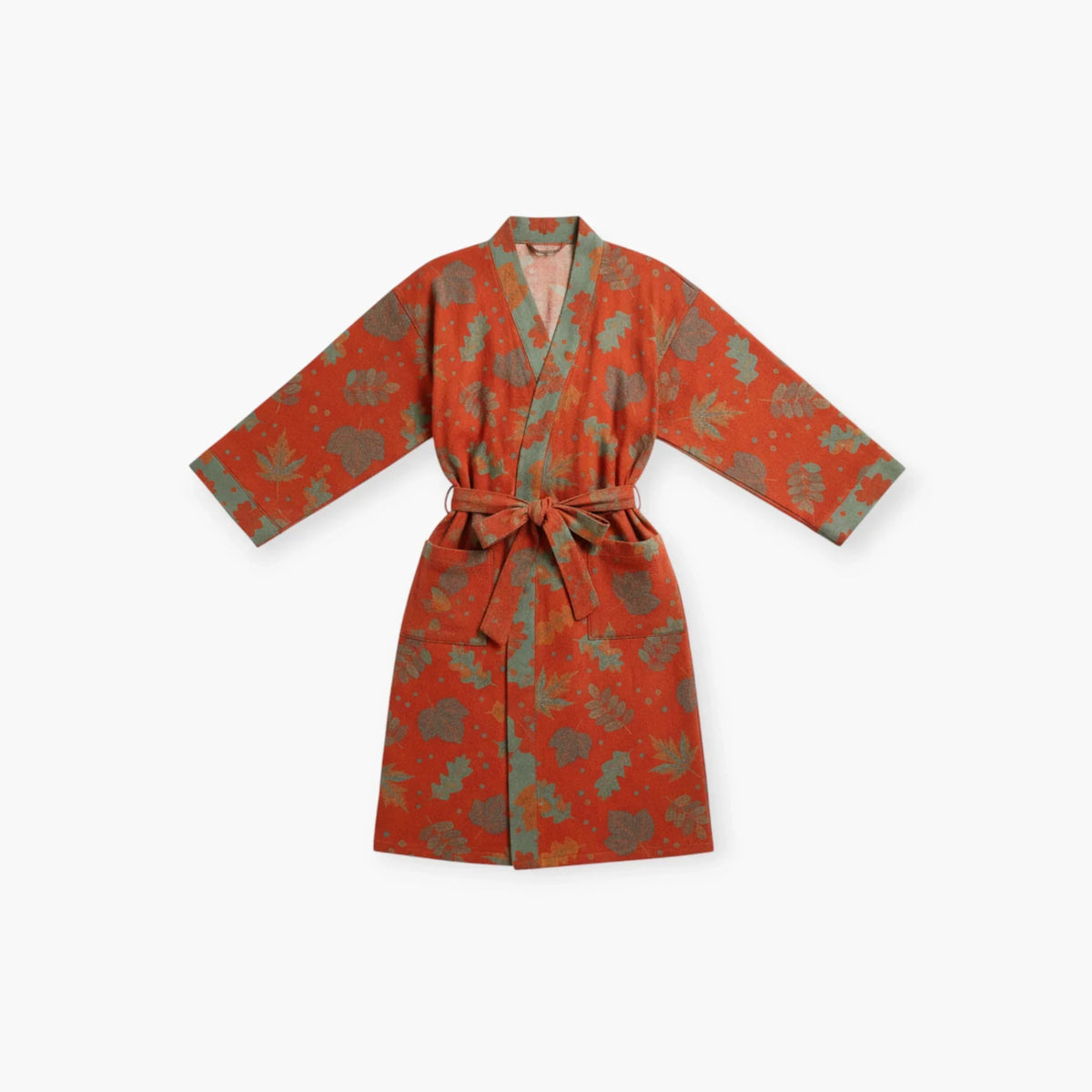 Peignoir Coton Femme Rouge Motif Feuillage — photo 4