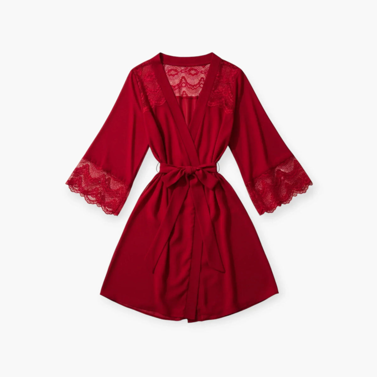 Peignoir Femme Satin – Rouge à Dentelle Élégante et Ceinture Taille — photo 4