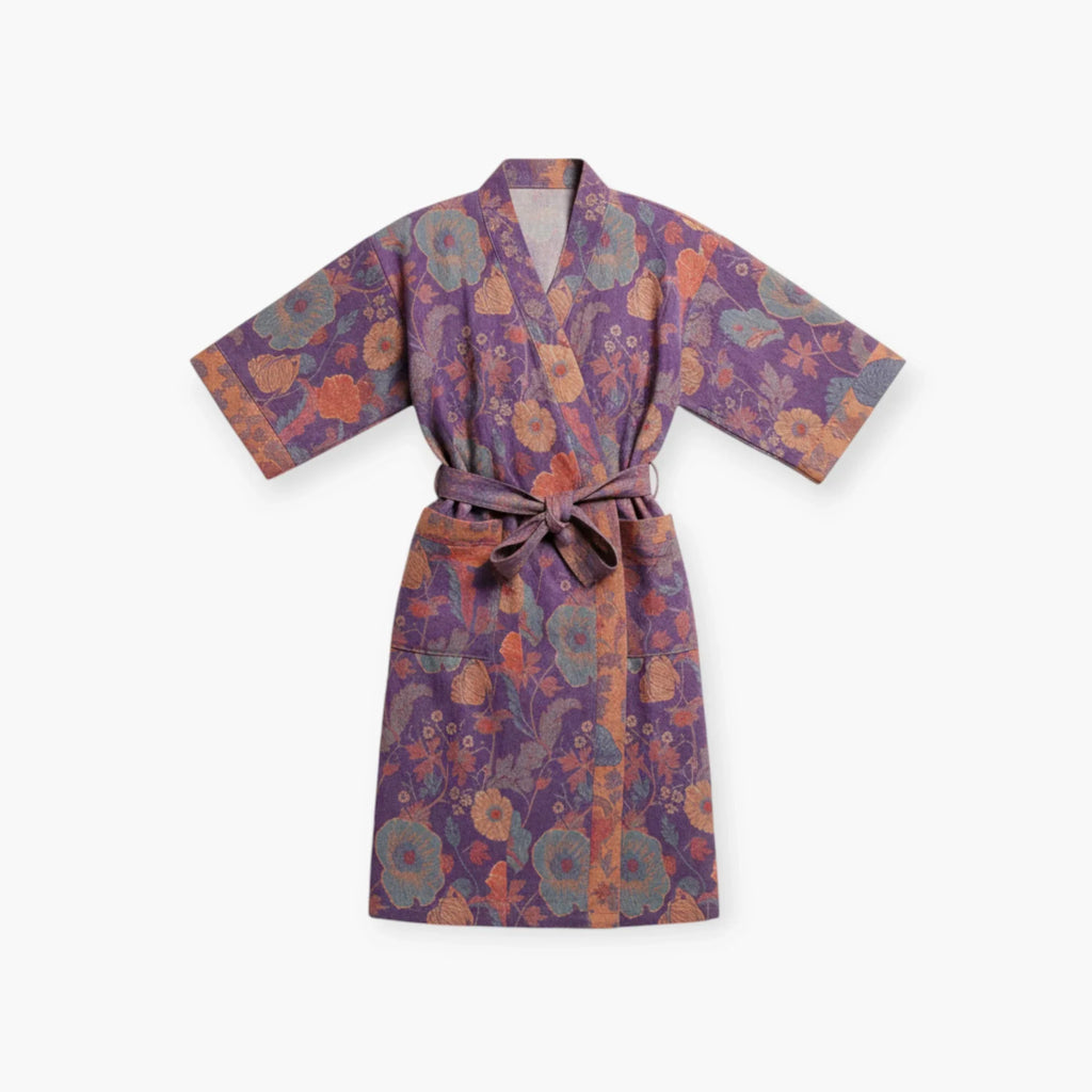 Peignoir Femme Coton – Style Japonais Violet à Fleurs Oranges — photo 4