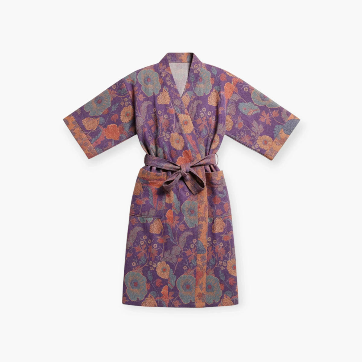 Peignoir Femme Coton – Style Japonais Violet à Fleurs Oranges — photo 4