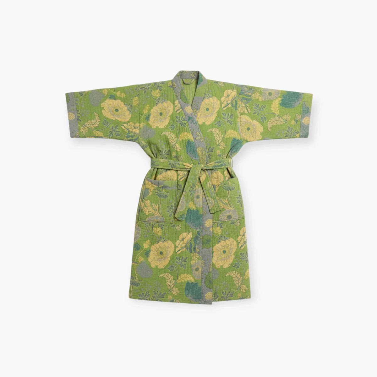 Peignoir Femme Coton – Style Japonais Vert à Fleurs Jaunes — photo 4