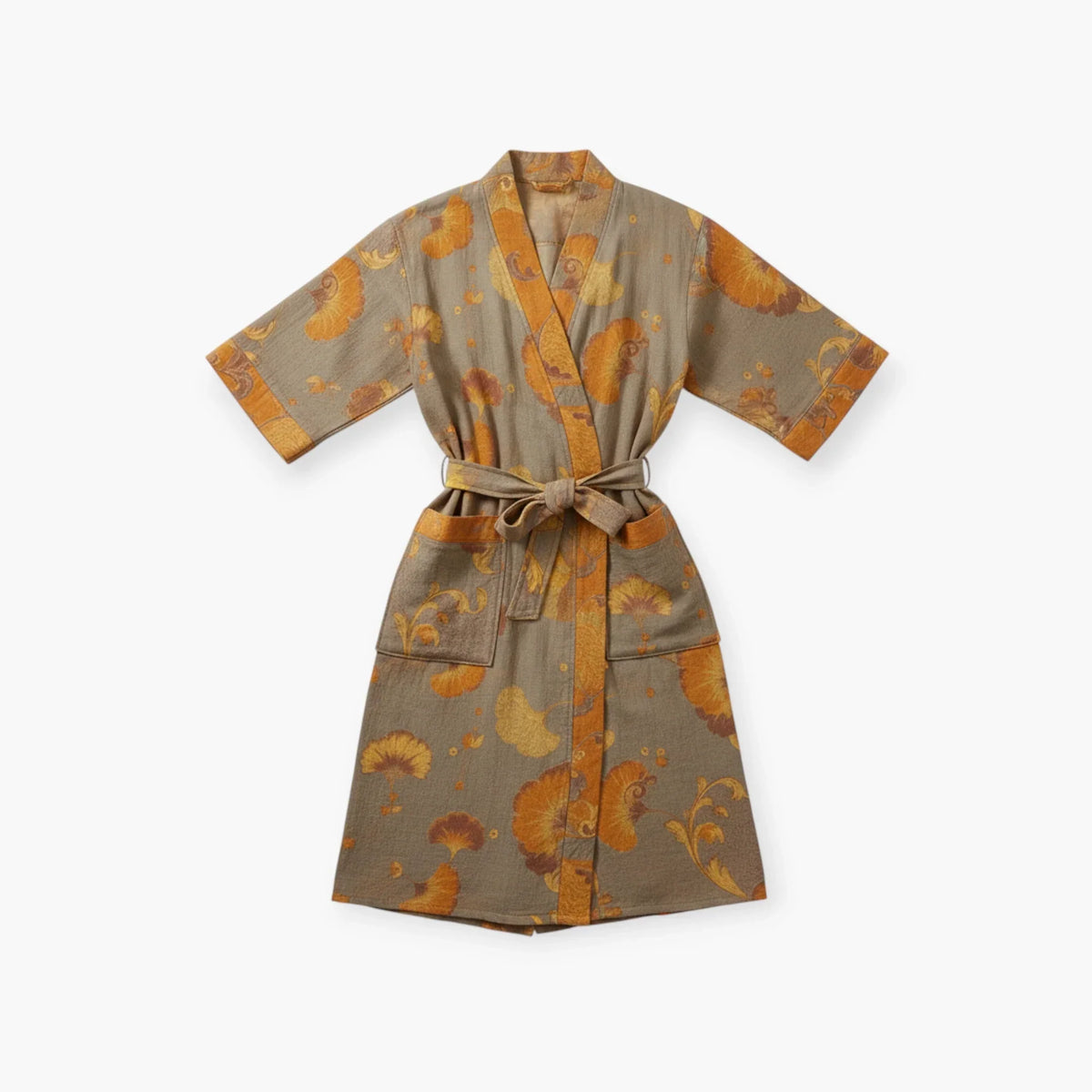 Peignoir Femme Coton – Style Japonais Beige à Fleurs Jaunes — photo 4