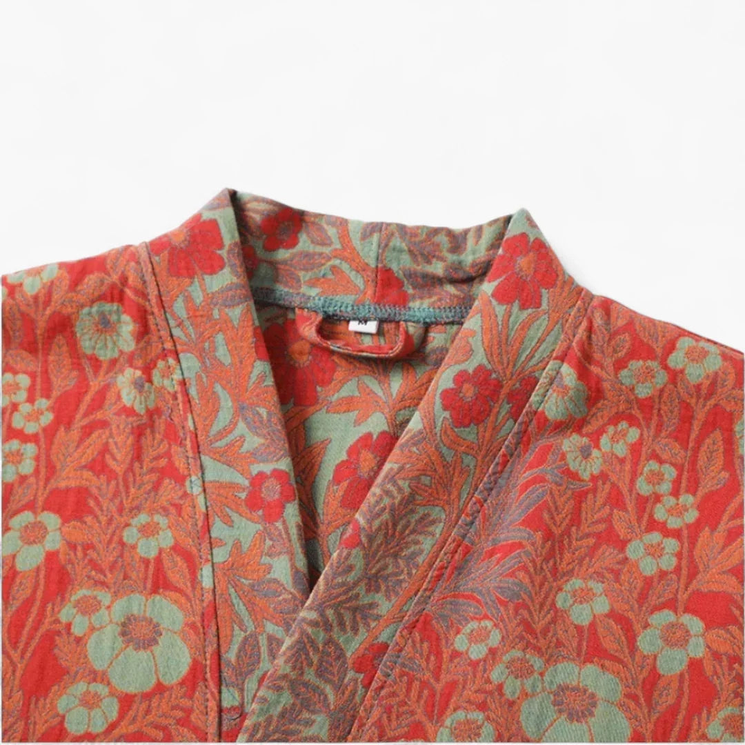 Peignoir Femme Coton – Style Japonais Rouge à Fleurs — photo 7