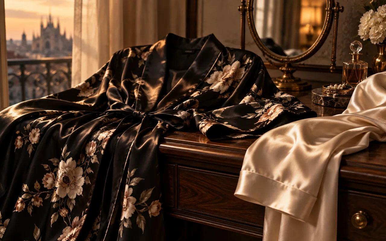 Peignoir noir fleuri et satin champagne sur une coiffeuse en noyer